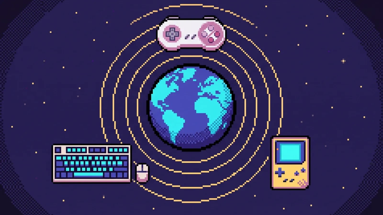Illustration pixel art 16-bit : une manette, un clavier-souris et une console portable reliés à un globe terrestre, symbole du crossplay