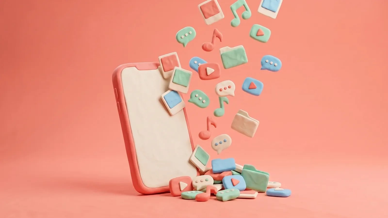 Smartphone en pâte à modeler dont l'écran déborde d'une cascade d'objets en argile : photos, notes de musique, bulles de messages et dossiers