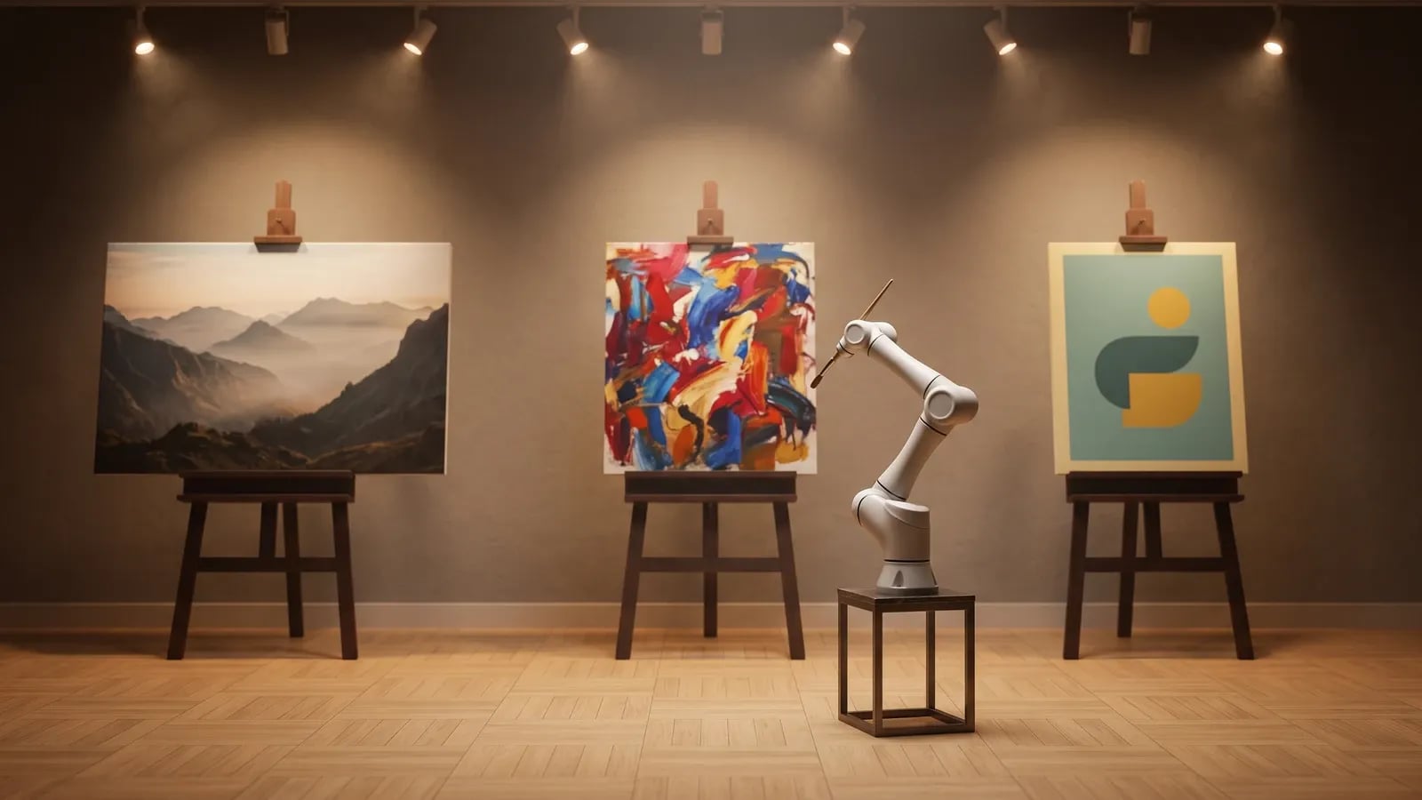 Bras robotique tenant un pinceau, hésitant devant trois toiles de styles différents dans une galerie d'art