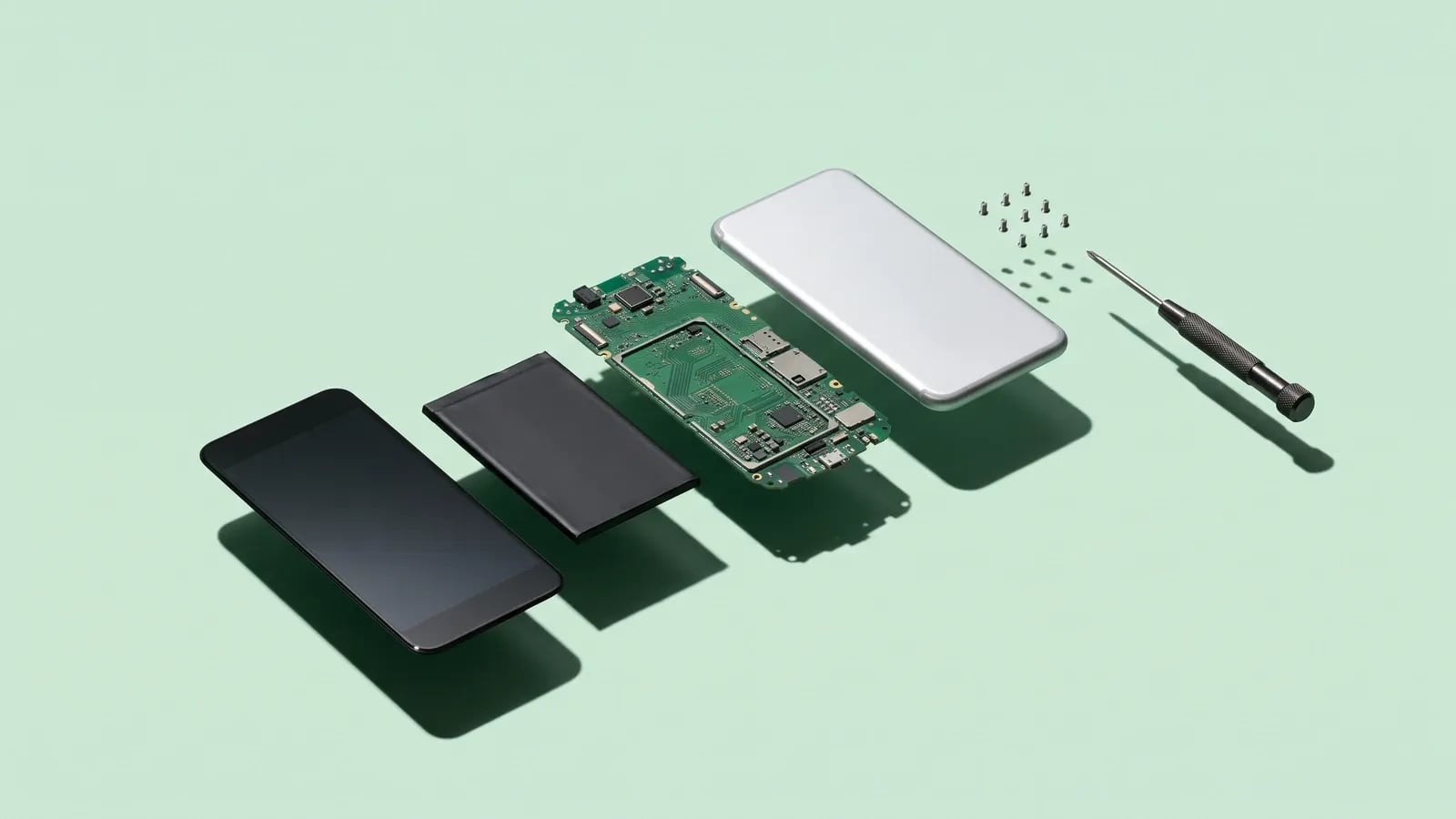 Vue éclatée d'un smartphone en lévitation, écran, batterie, carte électronique et vis alignés en diagonale avec un tournevis de précision, sur fond vert menthe