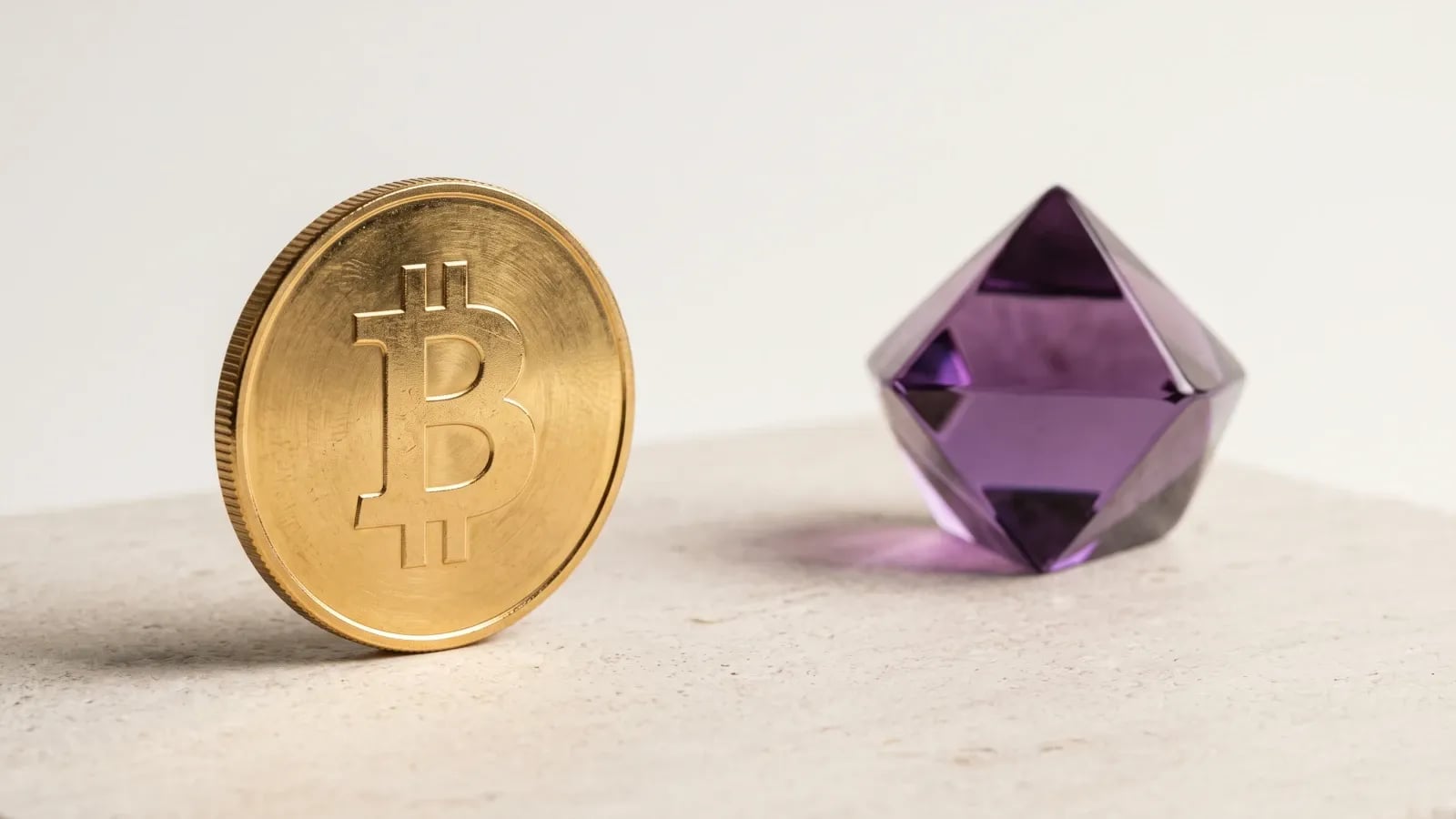 Pièce d'or gravée du symbole Bitcoin posée debout sur une dalle de pierre claire, à côté d'un octaèdre de verre violet évoquant Ethereum