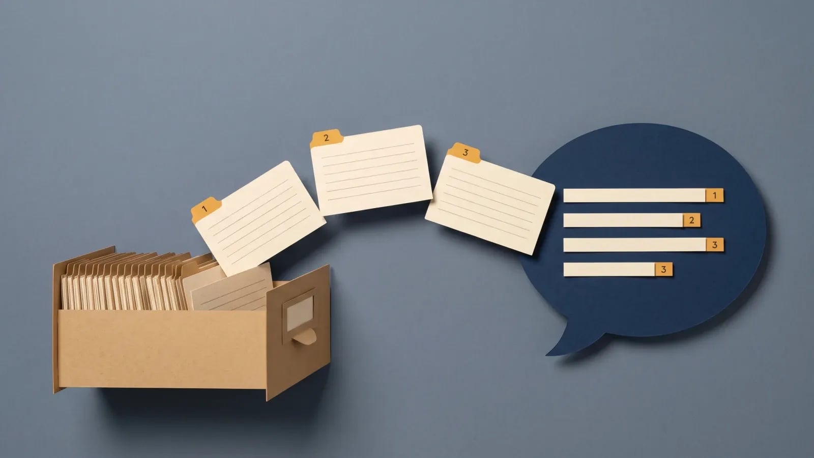 Illustration en papier découpé : trois fiches sortent d'un fichier à tiroir et alimentent une bulle de réponse dont les lignes portent des numéros de source
