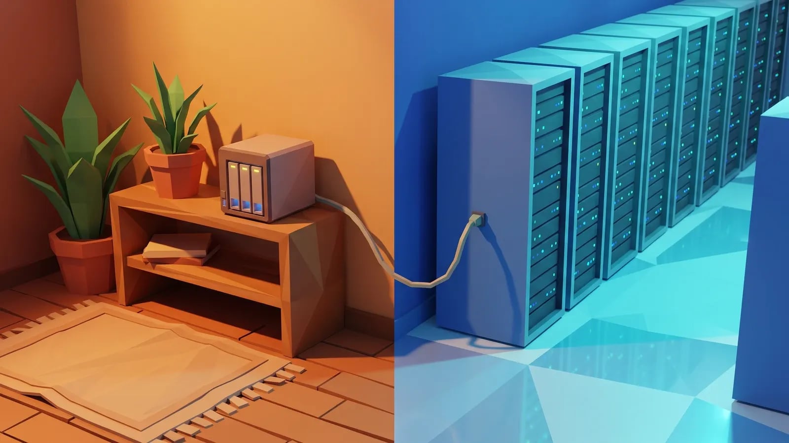 Illustration 3D low-poly : un salon chaleureux avec un NAS sur une étagère face à une allée de datacenter bleutée, reliés par un câble