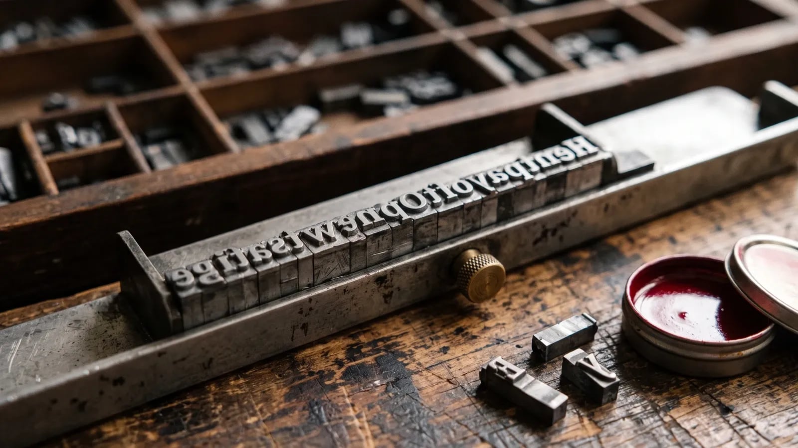 Composteur typographique ancien tenant une ligne de caractères en plomb devant une casse d'imprimerie en bois sombre, lumière chaude rasante