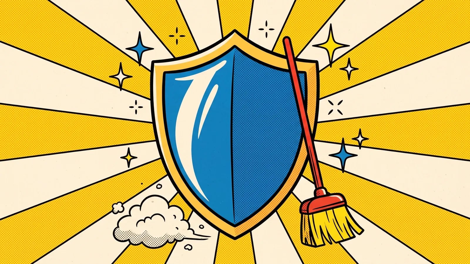 Illustration pop-art d'un bouclier brillant avec un balai et des étincelles, symbole du grand ménage de sécurité d'un compte Google