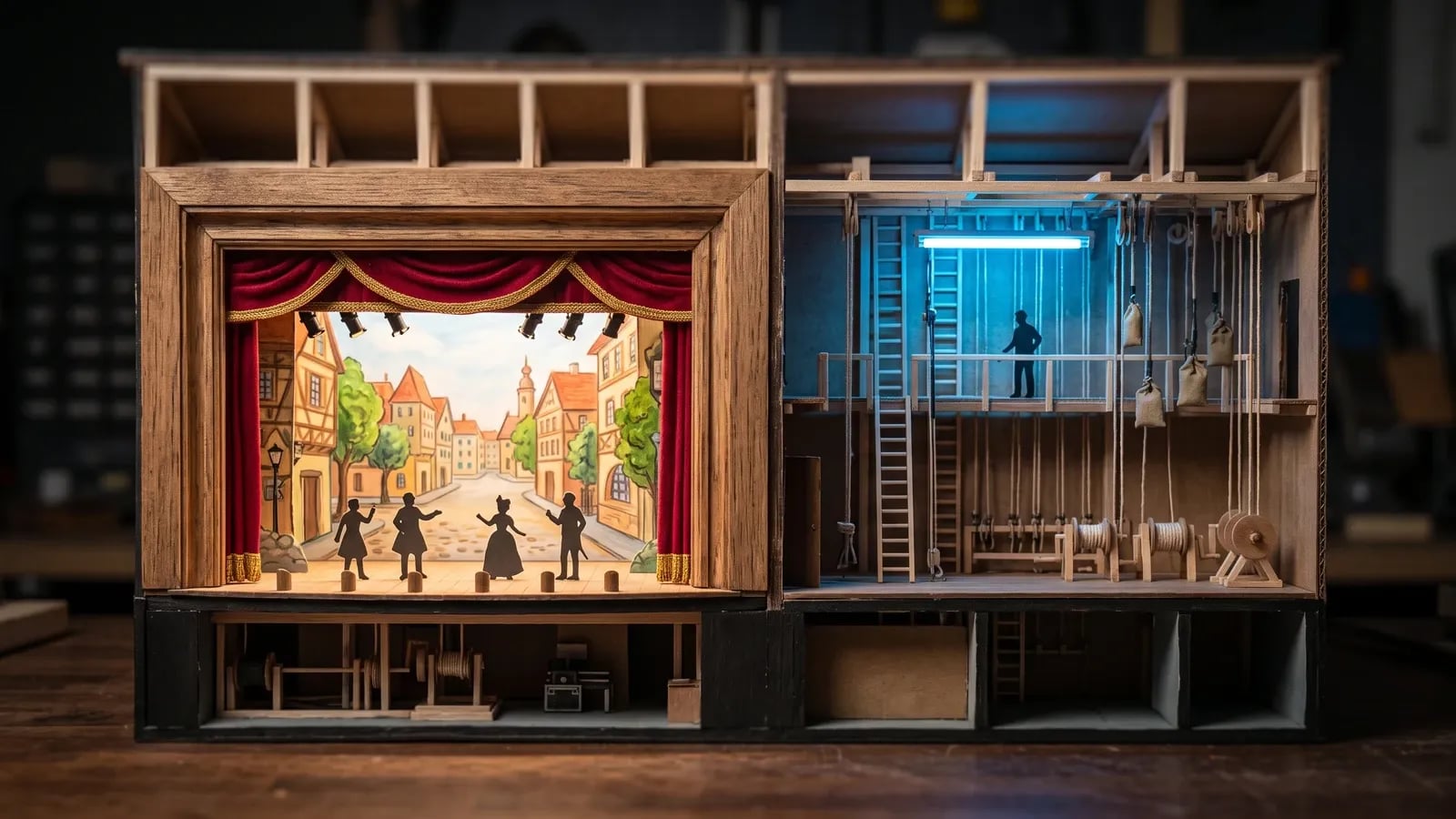 Maquette de théâtre miniature en coupe : scène éclairée avec rideau rouge d'un côté, coulisses et machinerie de l'autre, image de la différence entre front-end et back-end
