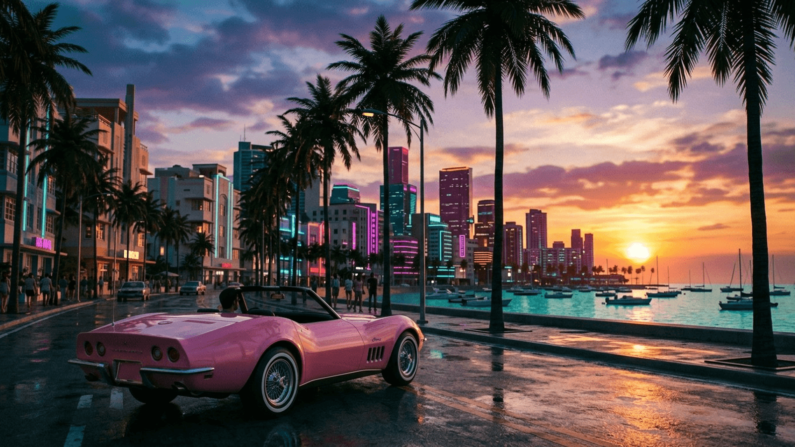 Ambiance neo Vice City fictive au coucher du soleil, voiture decapotable rose sur un boulevard borde de palmiers face a une skyline tropicale aux neons roses et cyan