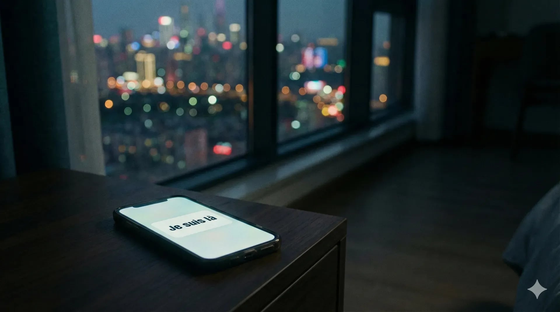 telephone posé sur une table avec marqué dessus "je suis la" 