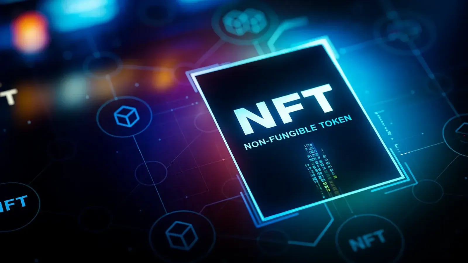 Illustration numérique représentant un NFT sur fond de blockchain, symbole des usages concrets qui se développent en 2025.