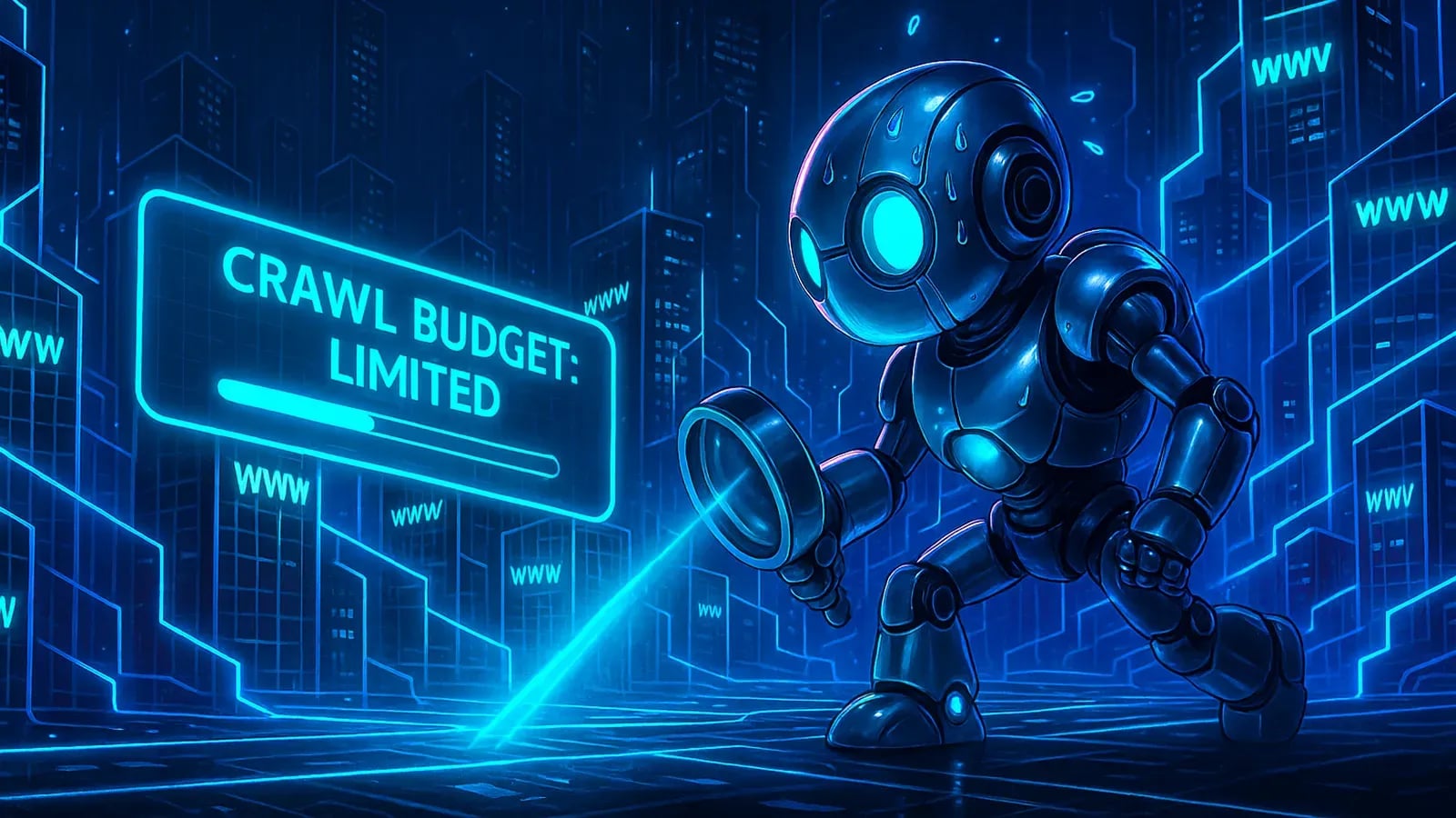 robot fictif qui crawl des sites web représenté par des immeuble