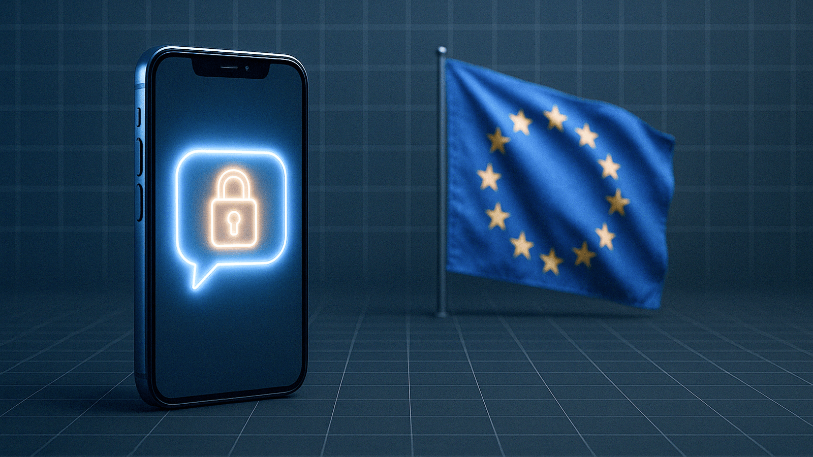 smartphone générique affichant une bulle de chat chiffrée avec un cadenas, drapeau de l’Union européenne stylisé en arrière-plan