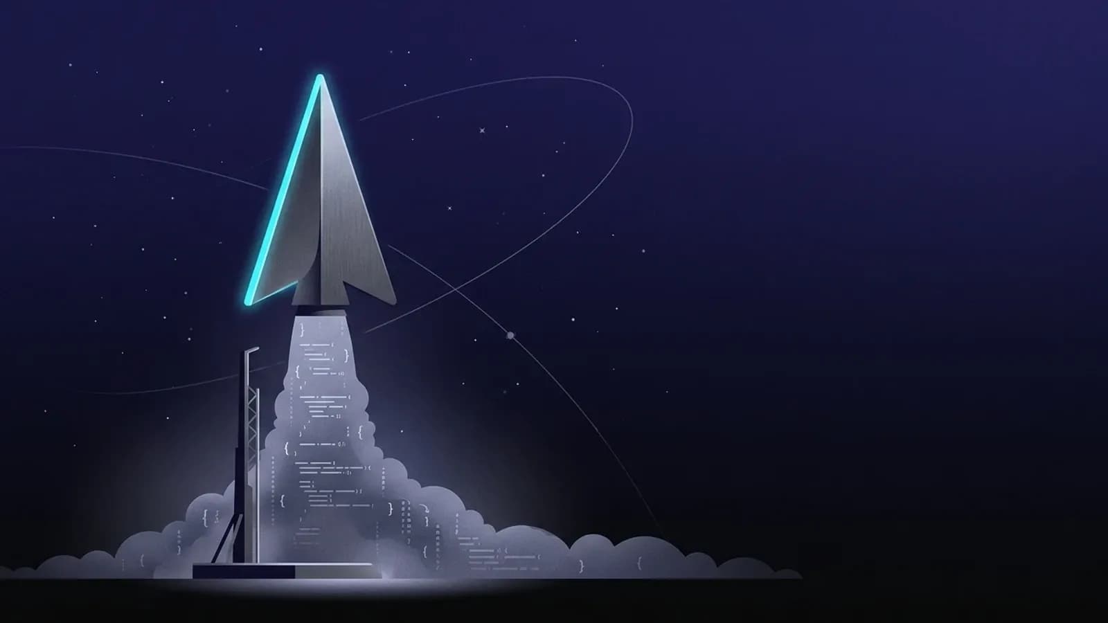 Flèche de curseur de Cursor réimaginée en fusée SpaceX, propulsée par un panache de lignes de code, sur fond de ciel étoilé indigo