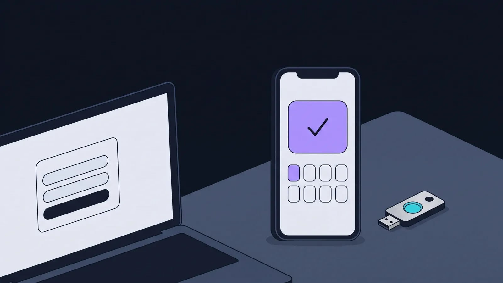 Illustration d'un ordinateur portable sur un ecran de connexion, d'un smartphone validant une double authentification et d'une cle de securite USB