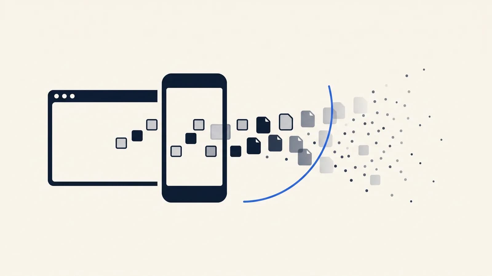 Illustration d'une fenêtre de navigateur et d'un smartphone dont les fichiers en cache se dissolvent, symbole du vidage de cache