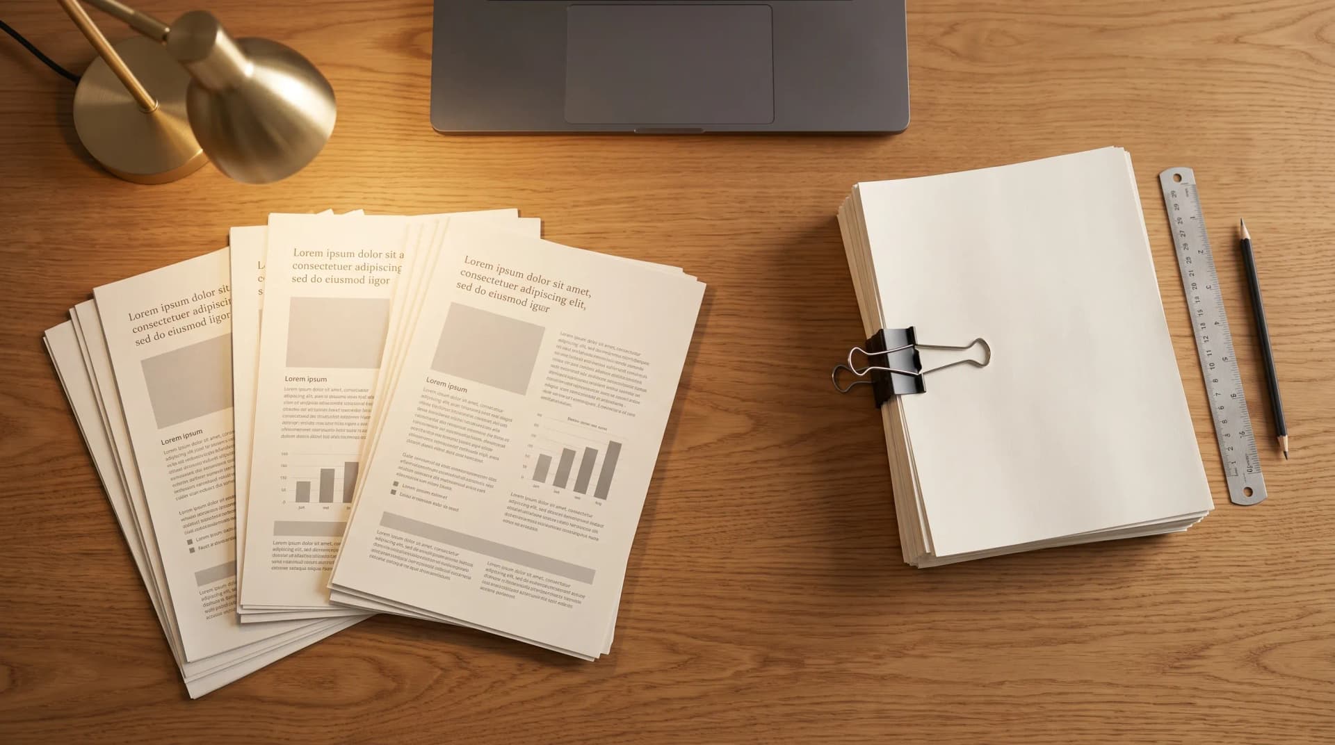 Trois piles de feuilles imprimées à côté d'une pile unique serrée sous une pince noire, sur un bureau en chêne, illustrant la fusion et la compression de PDF