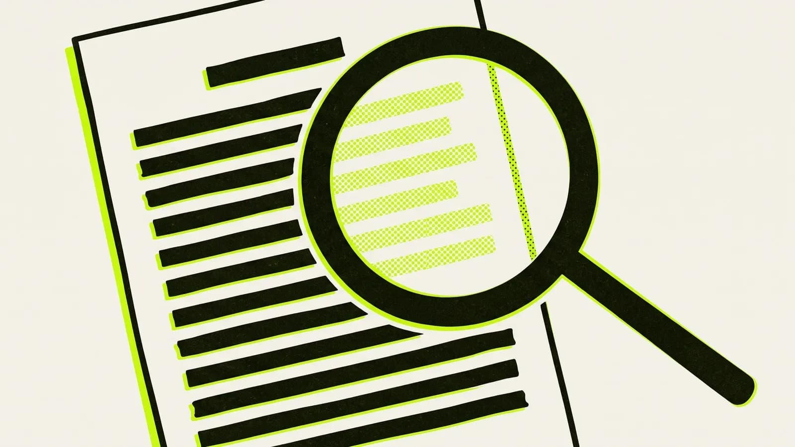 Affiche style risographie deux couleurs : une loupe revele en vert acide des lignes de texte au motif mecanique, au milieu de lignes noires irregulieres