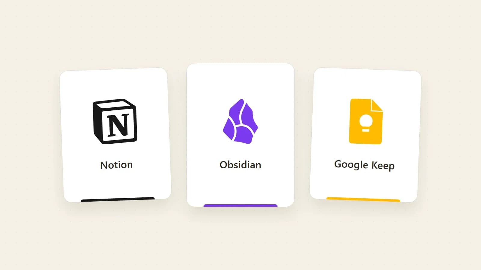 Logos de Notion, Obsidian et Google Keep présentés côte à côte sur trois cartes