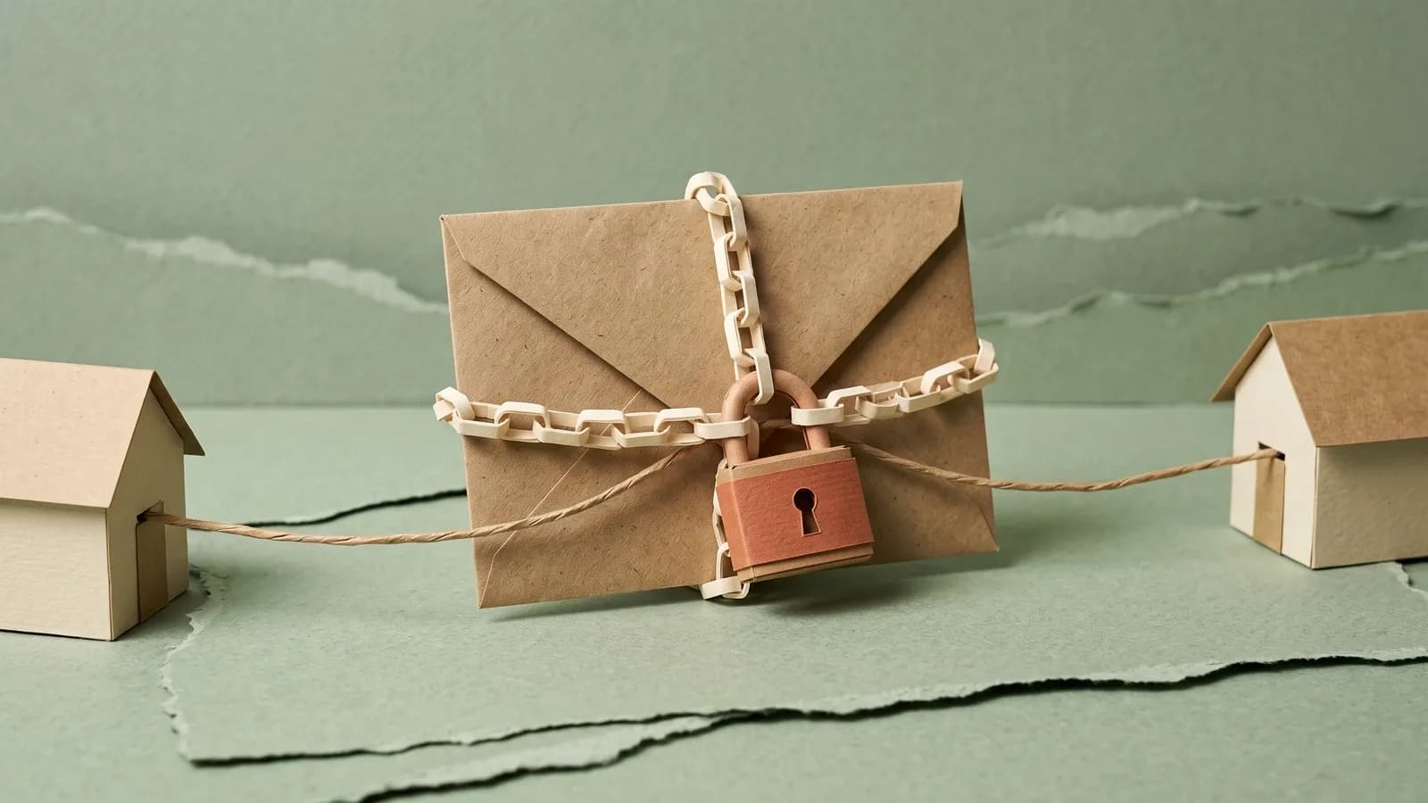 Scène en papier découpé : une enveloppe kraft cadenassée par une chaîne en papier, reliée par un fil à deux maisons, symbole du chiffrement de bout en bout