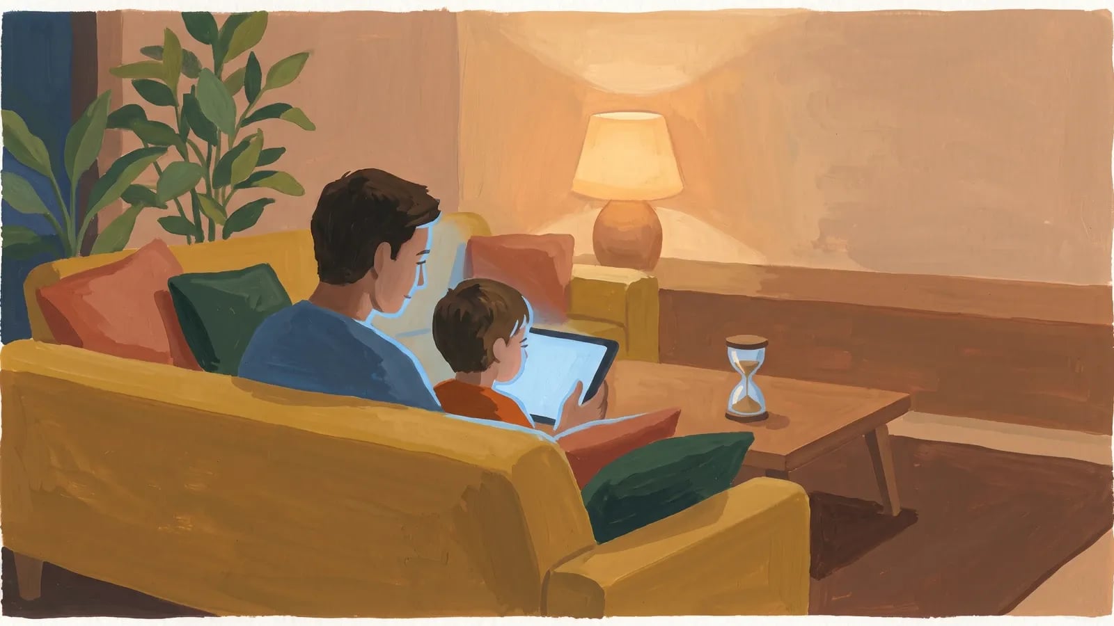 Illustration à la gouache d'un parent et d'un enfant penchés sur une tablette le soir dans un salon chaleureux, un sablier posé sur la table basse, évoquant le temps d'écran en famille