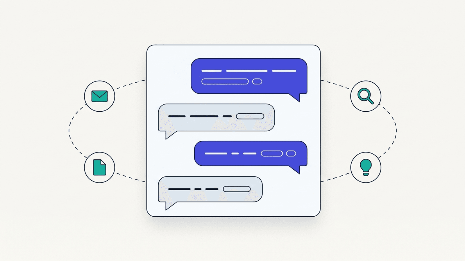 Interface de conversation stylisee avec des bulles de discussion entre un utilisateur et une IA, entouree de quatre pictogrammes (enveloppe, document, loupe, ampoule) representant les cas d'usage des prompts ChatGPT : rediger un mail, resumer, s'informer et brainstormer.
