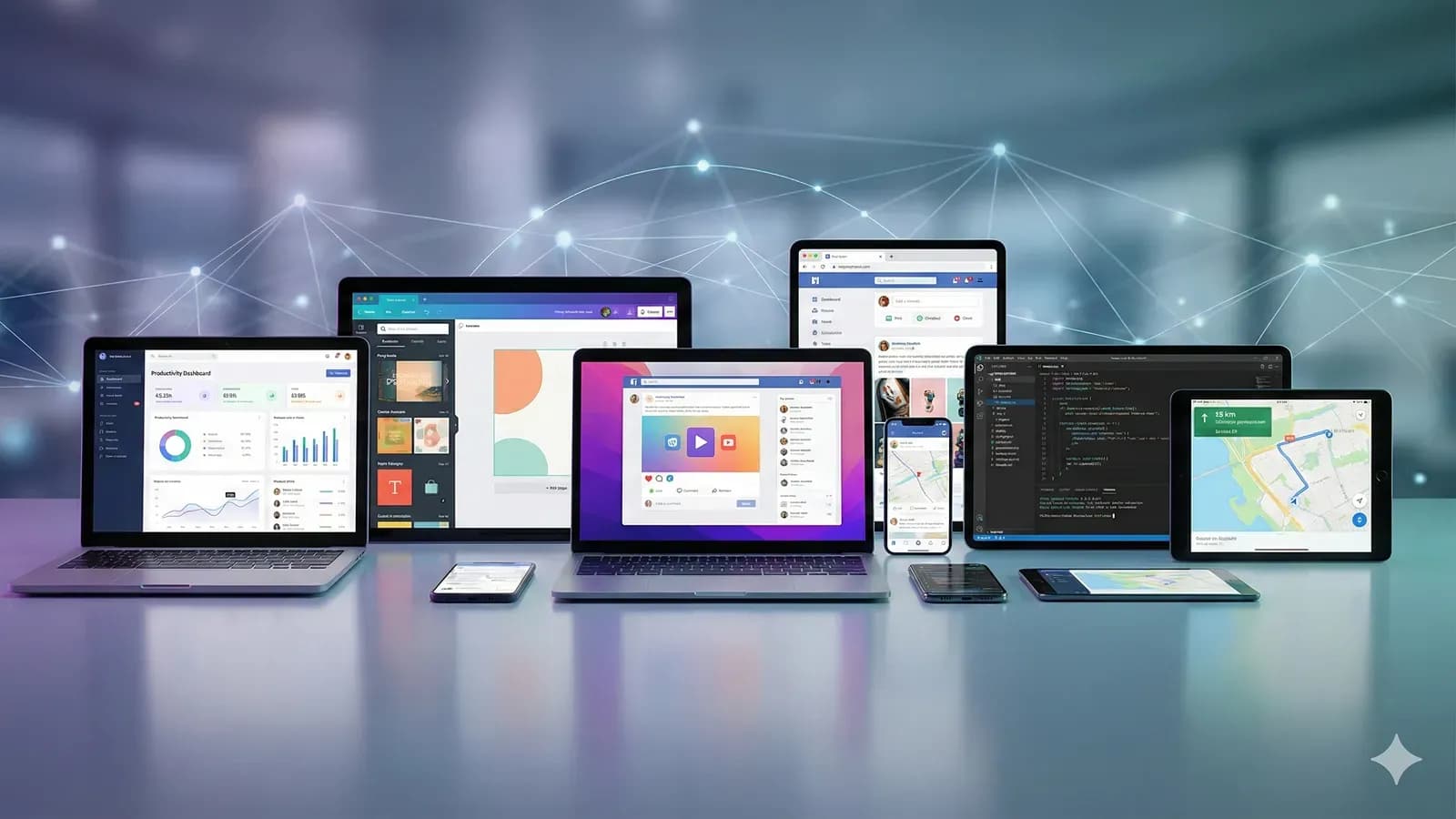 ecrans d'ordinateurs cote a cote montrant des logiciels et applications
