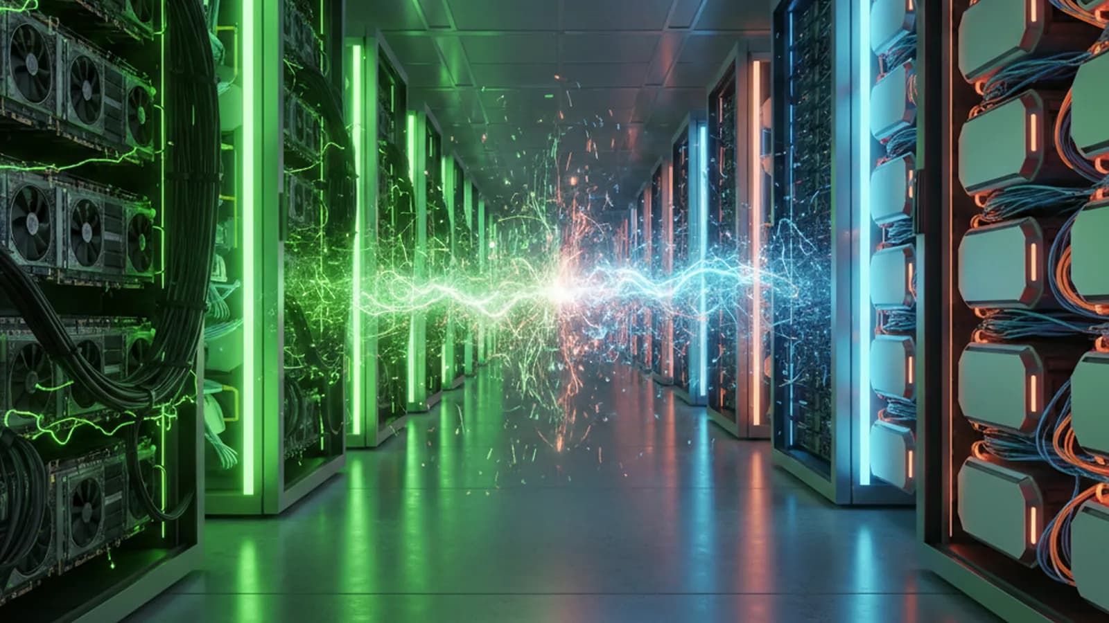 data center avec un eclair au milieu