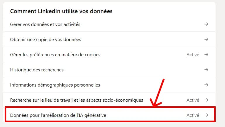 screenshot de linkedin rubrique utilisation des données