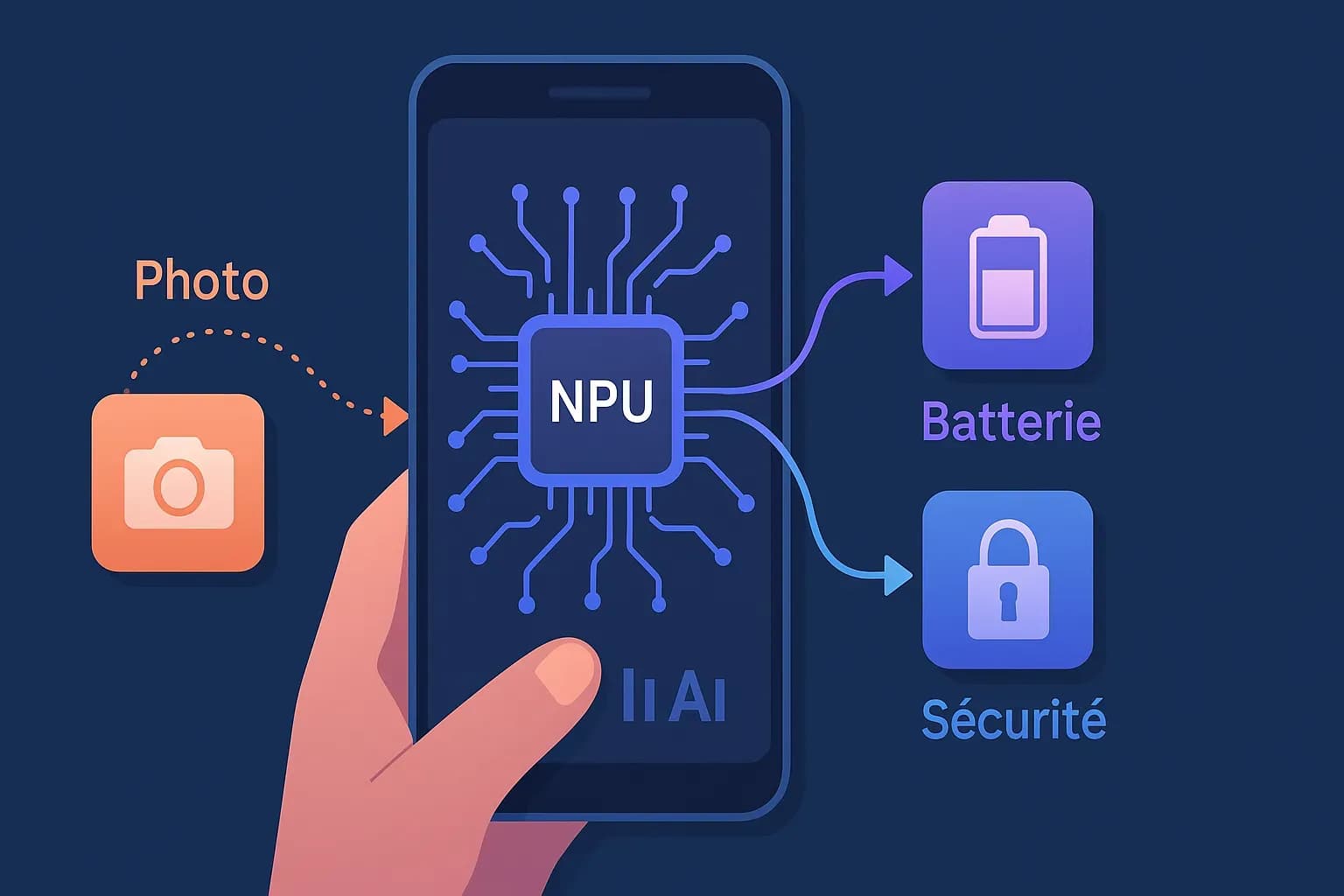 Illustration montrant un smartphone avec une puce NPU et des flux d’IA (photo, batterie, sécurité)