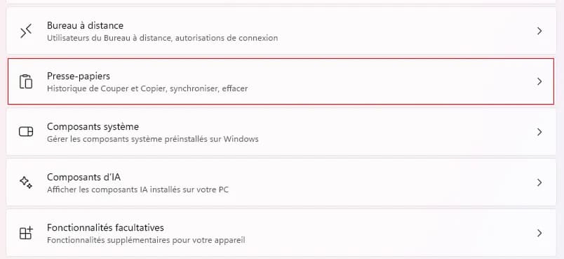 presse papiers dans paramètres systeme