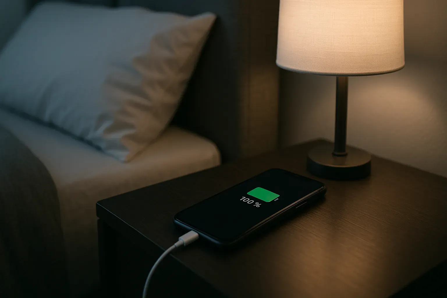 telephone en charge sur une table de nuit 