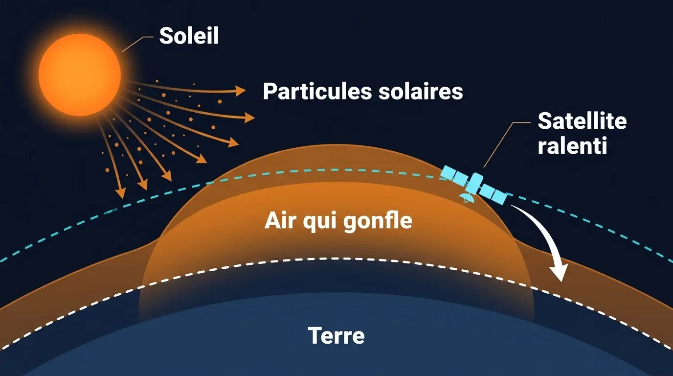 Schéma en coupe : le Soleil envoie ses particules, l'air de la haute atmosphère gonfle au-dessus de son niveau normal et freine le satellite qui perd de l'altitude
