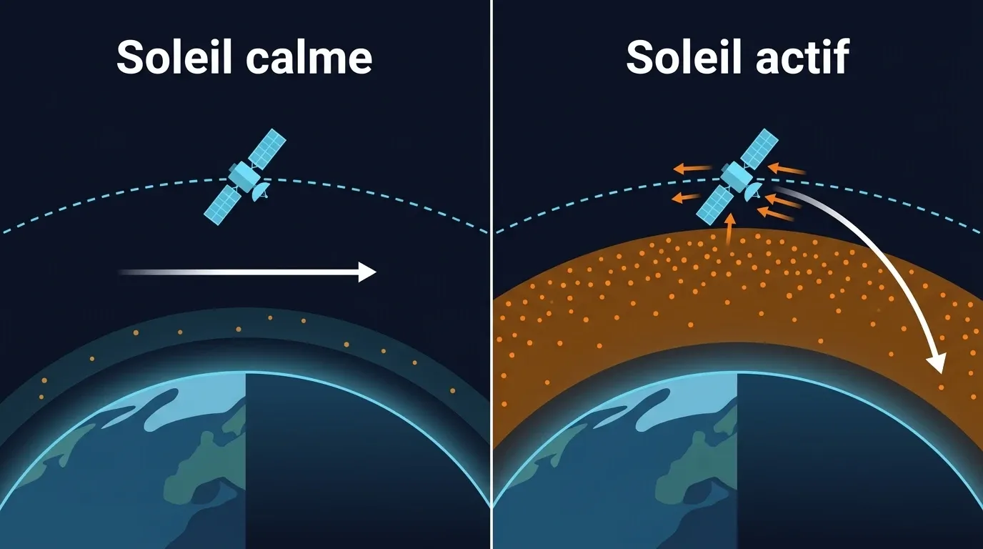 Comparaison Soleil calme contre Soleil actif : à droite l'atmosphère gonflée et dense freine le satellite et le tire vers une orbite plus basse
