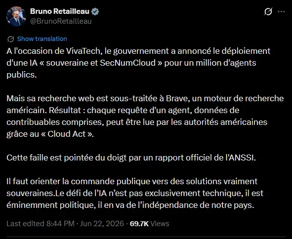 Tweet de Bruno Retailleau affirmant que la recherche web de L'Assistant est sous-traitee a Brave et exposee au Cloud Act