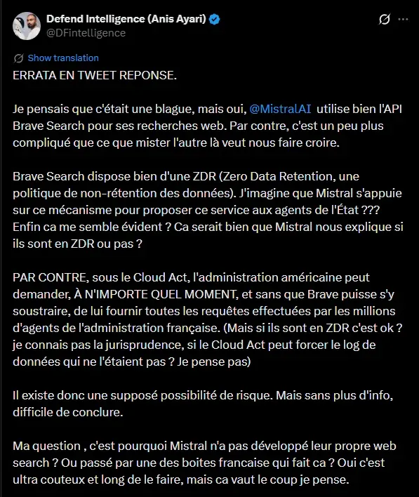 Tweet d'Anis Ayari (Defend Intelligence) nuancant le risque et precisant le role de Brave et de la ZDR
