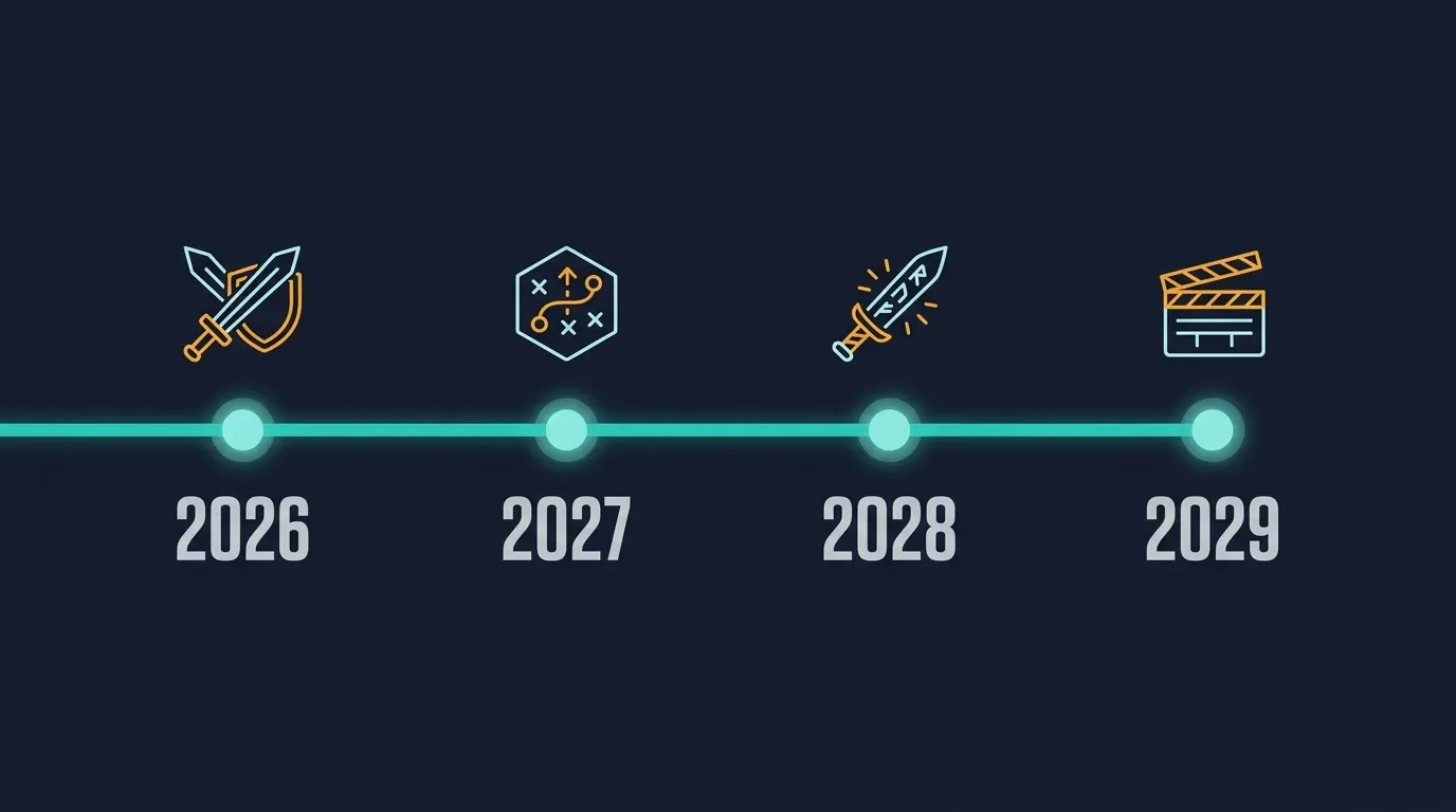 Frise chronologique 2026-2029 de la roadmap Blizzard fuitee : Classic+, RTS Warcraft Chronicles, ARPG Arthas
