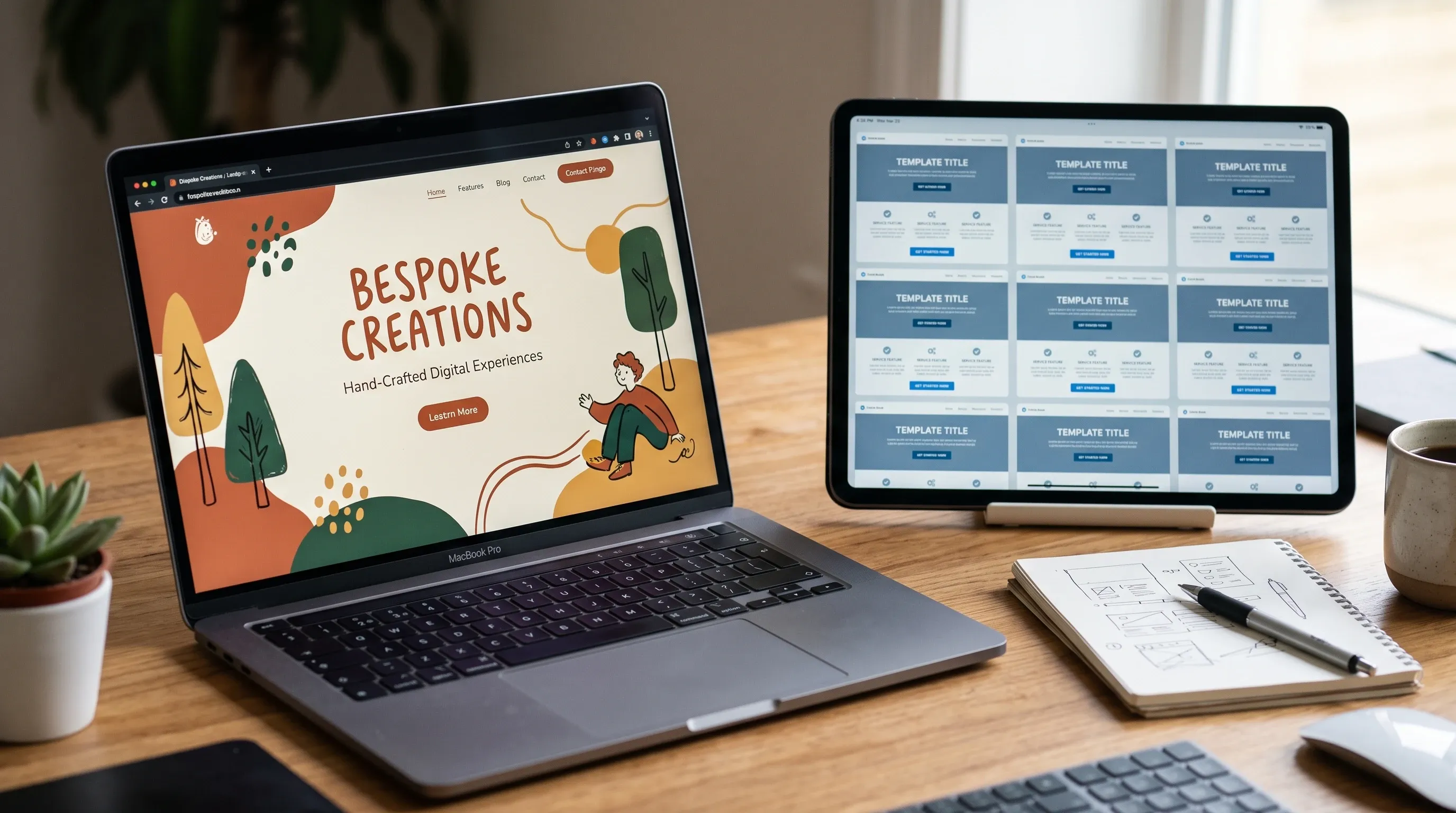 Un laptop affiche un site web sur-mesure illustré à la main à côté d'une tablette montrant une grille de modèles de landing pages identiques et génériques