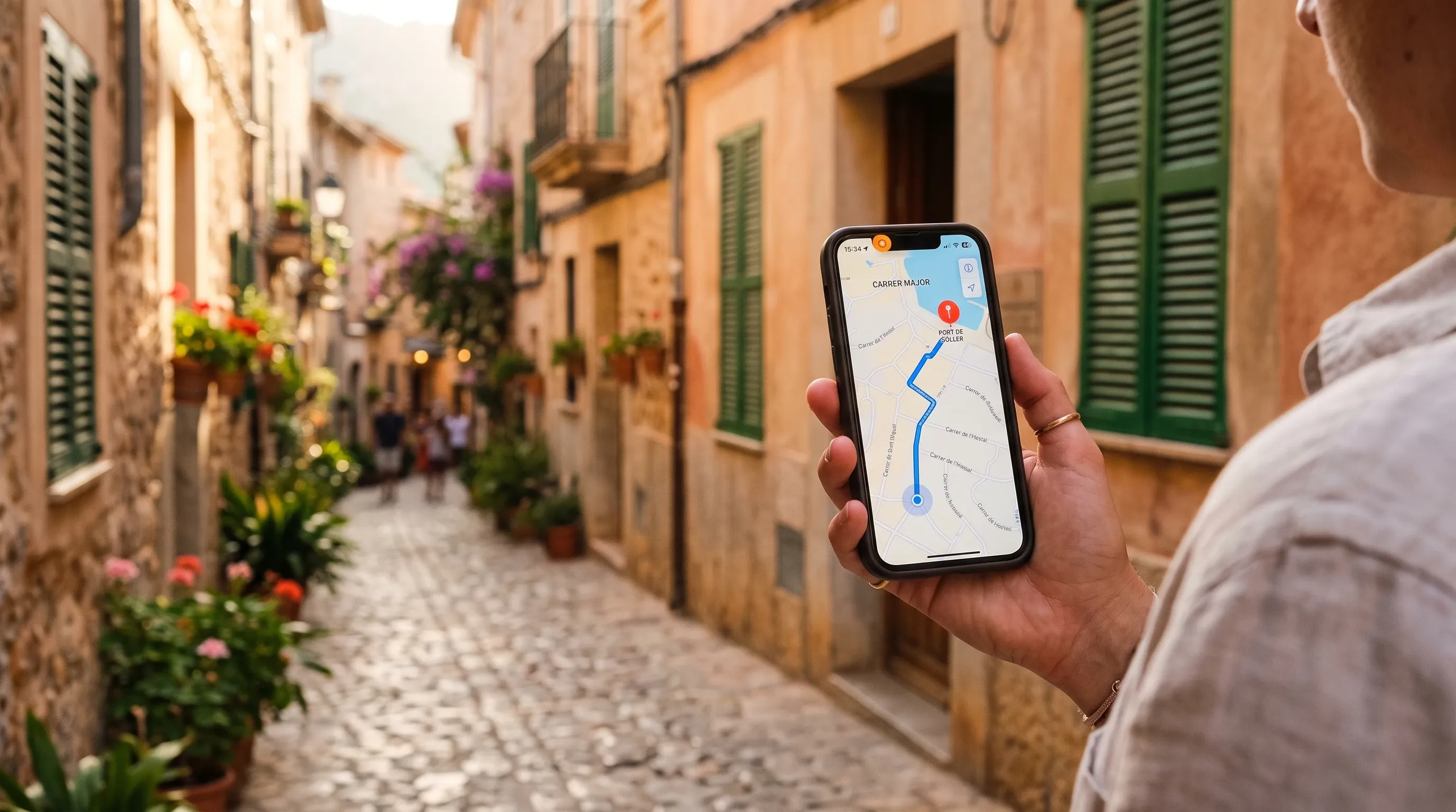 Main tenant un smartphone affichant une carte de navigation hors-ligne dans une ruelle méditerranéenne
