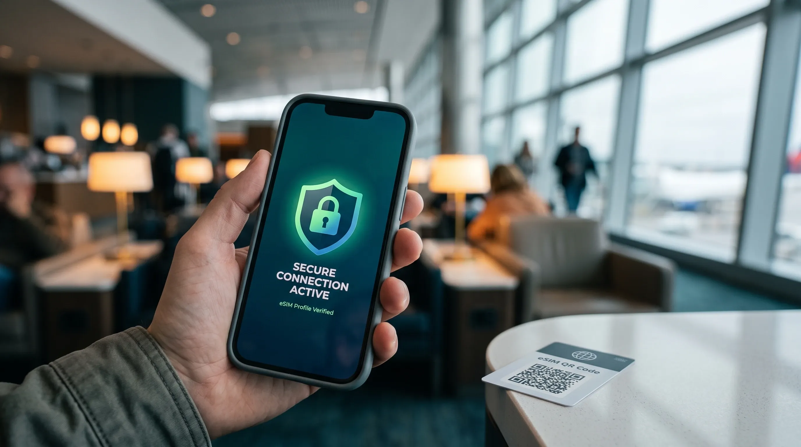 Smartphone affichant une interface de sécurité avec bouclier et cadenas et une carte eSIM dans un salon d'aéroport