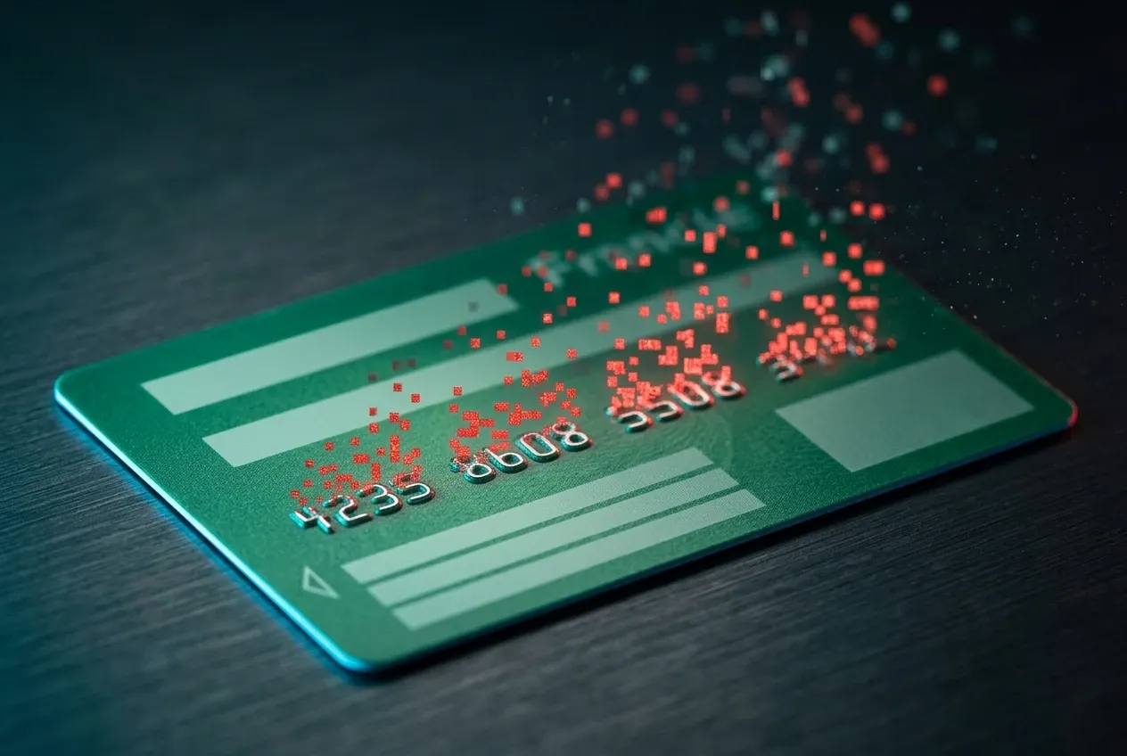 Gros plan macro d'une carte à puce française dont les chiffres embossés se dissolvent en pixels rouges