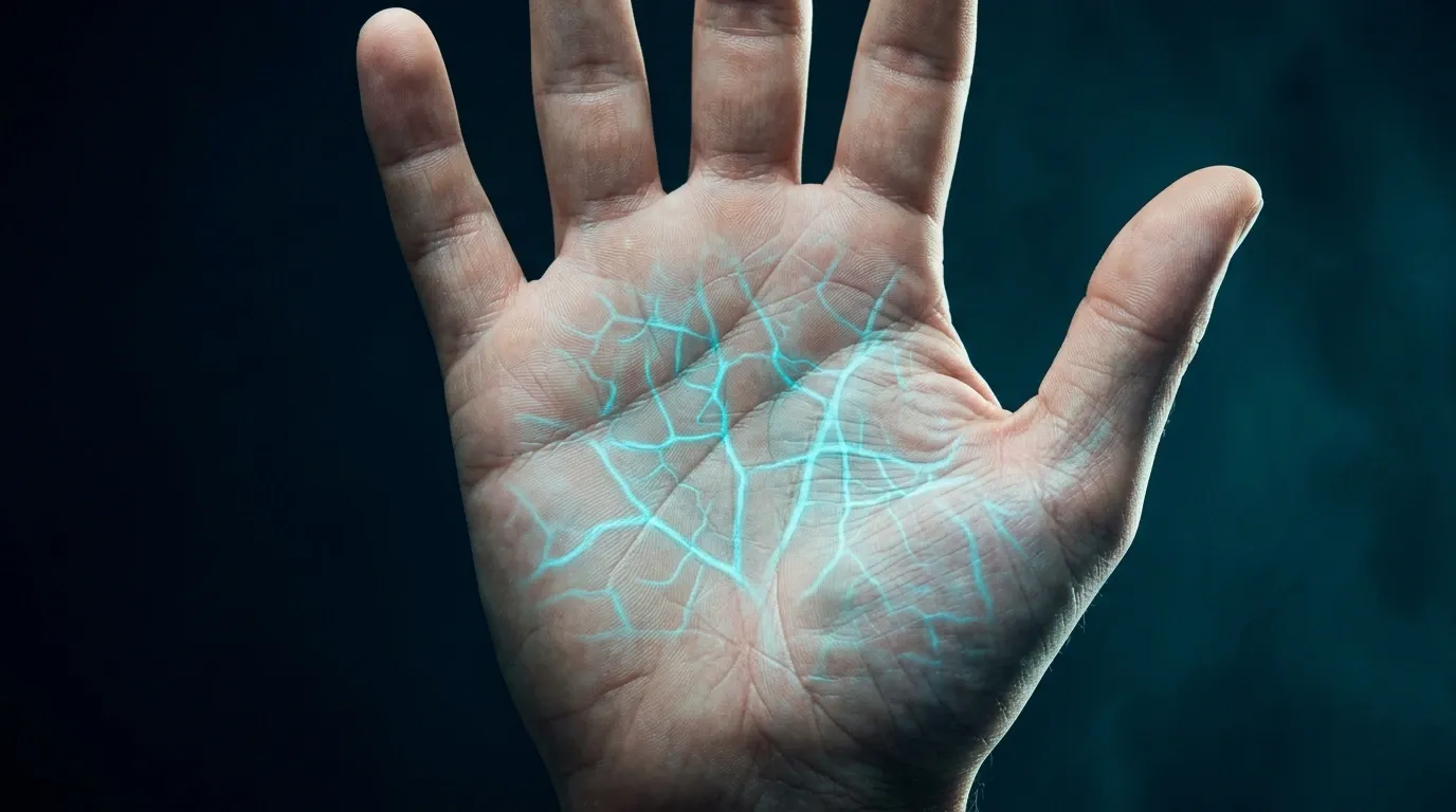 Gros plan d'une paume ouverte avec un reseau de veines lumineuses, scan veineux biometrique
