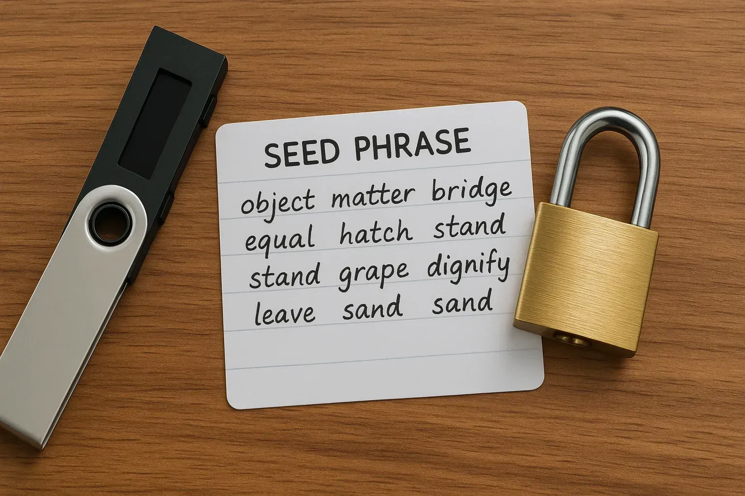 feuille avec une seed phrasse ainsi qu'un cadenas et une clef ledger