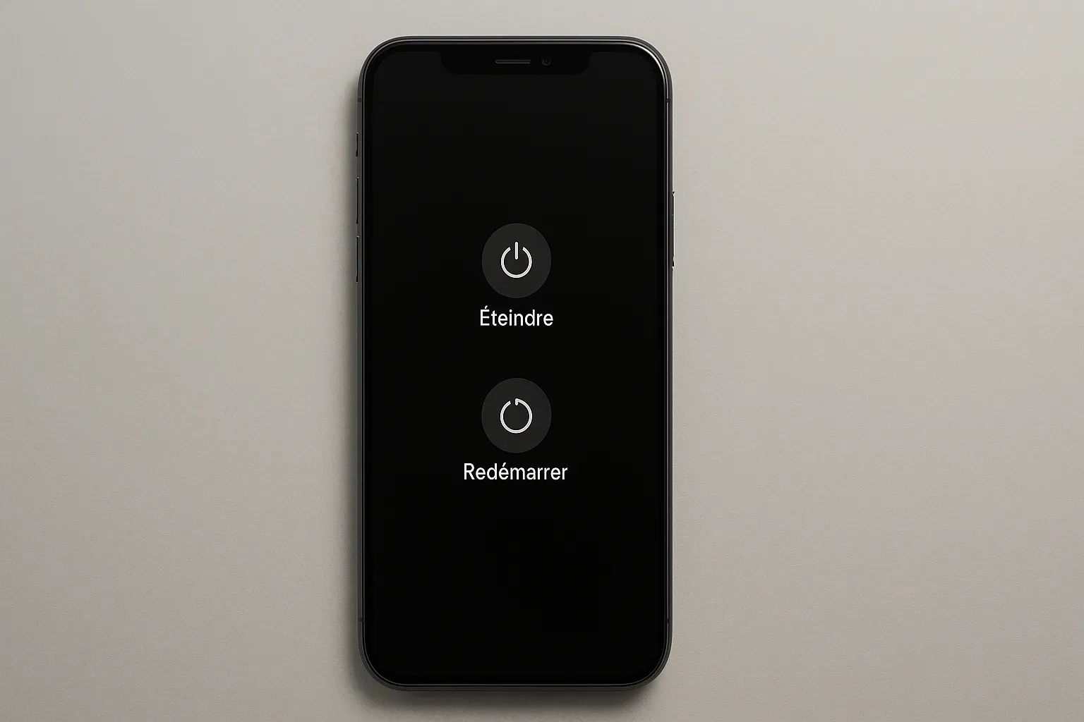 ecran de téléphone avec des boutons éteindre redémarrer